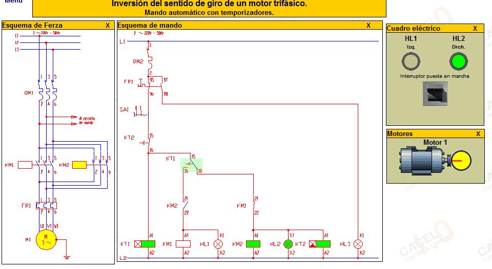 QMI Interruptor magnetotermico general QM2- Interruptor magnetotermico circuito de mando KM1- Contactor Izquierda KM2- Contactor Derecha FR1 relé térmico M1- Motor SA1- Interruptor rotativo KT1-