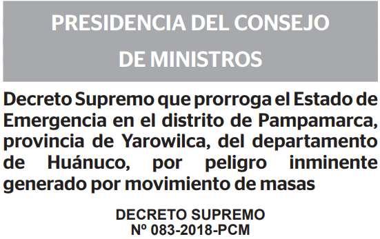 Corresponderá al Gobierno Regional de Huánuco, la Municipalidad Provincial de Yarowilca y la Municipalidad Distrital de Pampamarca, con la coordinación y seguimiento del Instituto Nacional de Defensa