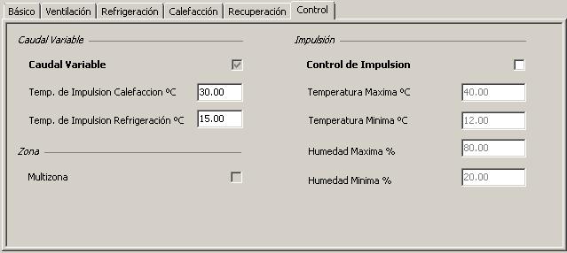 específico por volumen de aire tratado y por el tipo de evaporativo instalado. CONTROL Parámetros principales del sistema de control definido en la unidad.