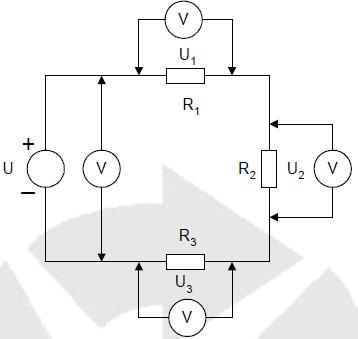TENSIONES EN LA CONEXIÓN EN SERIE Conectamos tres resistencias R1 = 10Ω, R2 = 20 Ω y R3 = 30Ω en una serie A una fuente de tensión de U = 30 V. Resultados Fig. 2.11 Tensiones en conexión serie En el circuito en serie cada consumidor tiene una parte de la tensión normal.