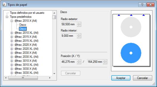 Configuración de impresión y tipos de papel mentos de portada de Nero CoverDesigner. Las opciones de configuración de los tipos de papel definidos por el usuario se muestran en el área central.