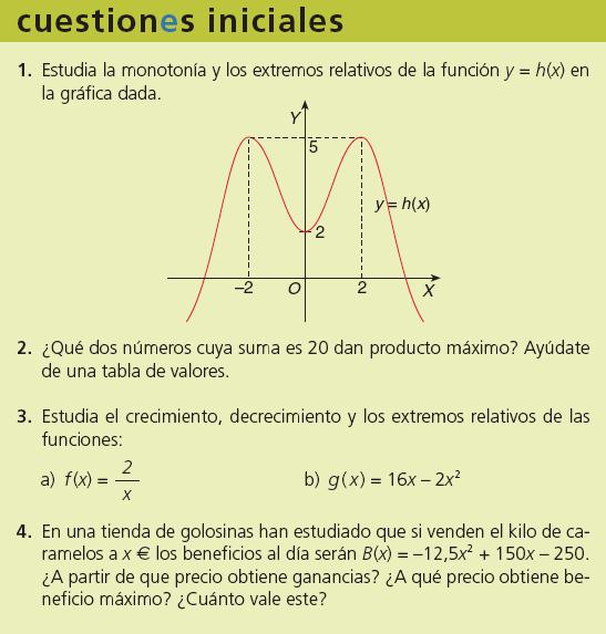 Unidad 1 Aplicaciones de las derivadas PÁGINA 99 SOLUCIONES 1 La solución queda: La función h(x) es estrictamente creciente en el intervalo, 0, y estrictamente decreciente en el intervalo (,0 ) (, +