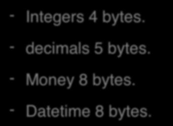 - decimals 5 bytes. - Money 8 bytes. - Datetime 8 bytes.