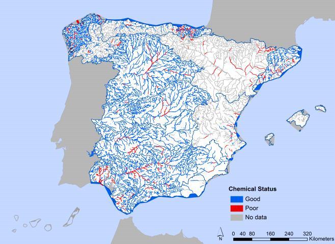 PORCENTAJE DE MASAS DE AGUA Determinación del estado de las masas de agua superficiales 2009-2015 Menos del 50% en buen estado Falta de información masas de