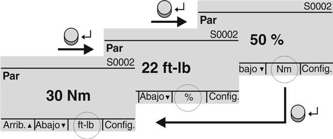 Figura 40: Par Cambiar la unidad Con el pulsador se puede cambiar la unidad indicada (porcentaje %, Newton metro Nm o "foot-pound" ft-lb).