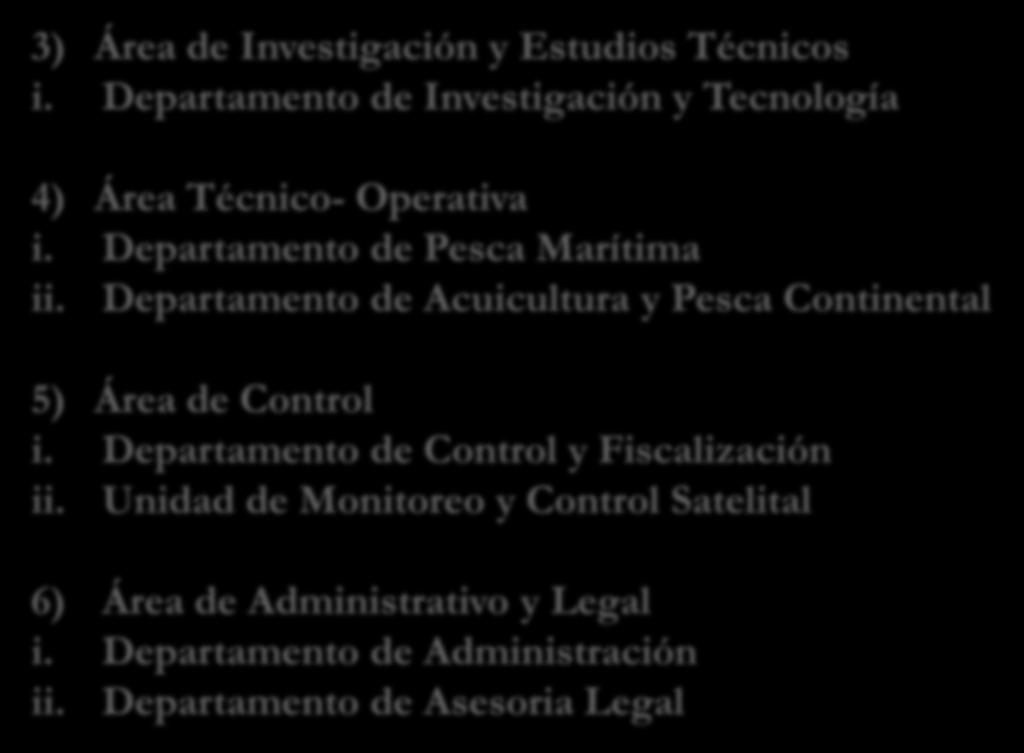 3) Área de Investigación y Estudios Técnicos i. Departamento de Investigación y Tecnología 4) Área Técnico- Operativa i. Departamento de Pesca Marítima ii.