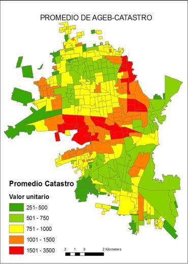 Base de datos del valor catastral del suelo Con una cobertura de 475 Agebs, muestra los valores catastrales de la ciudad, promediados por