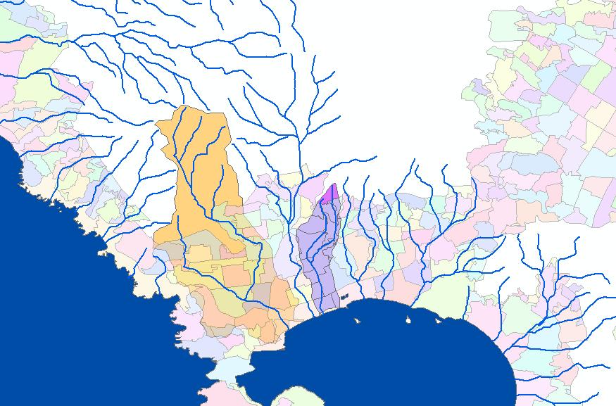 Con los datos de elevación y con la capa curvas de nivel se obtuvieron las áreas de las cuencas de los cauces del Río Camarón (color morado) y del Arroyo Aguas Blancas (color anaranjado) (Figura 5.5).