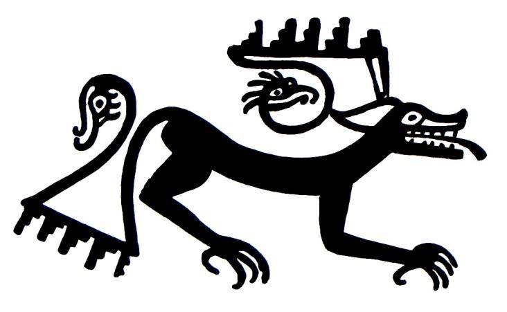 Fig.79 y 80: Dos ídolos felínicos en pintura fineline de la cerámica Moche. El simbolismo de la fertilidad atributiva es evidente en ambas imágenes como meandro escalonado y como meandro serpiente.