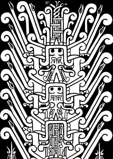 La diosa tierra lleva aquí el simbolismo de la serpiente chavinoide, que se encuentra de la misma forma en la Estela de Raimondi de Chavín (fig. 109).