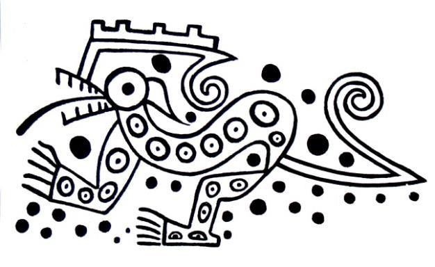 El ídolo pintado Chimú muestra los dientes y la cola meándrica, y adicionalmente un meandro en la boca (fig. 7). El detalle de la imagen de una copa de plata de Lambayeque (fig.