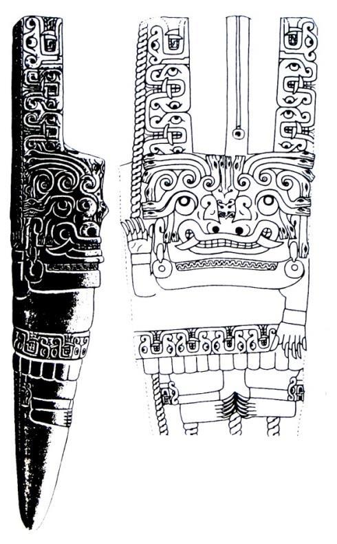 Fig. 13 a 15: Escultura del Lanzón: Vista lateral y dibujo en plano, detalle del meandro serpiente y la foto con un detalle lateral de la parte media de la escultura.