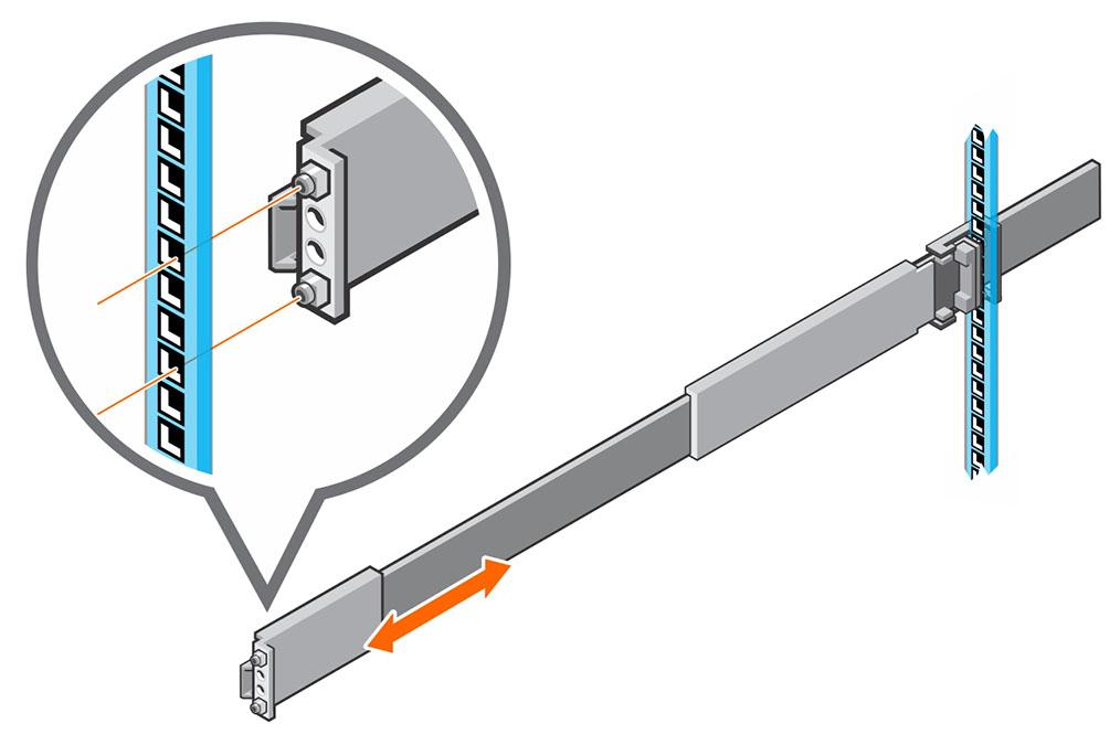 Un clic audible indica que el riel se fijó en el poste. d. Asegúrese de que el mecanismo del poste/retén esté asegurado y fijado en el poste del bastidor. Figura 5.