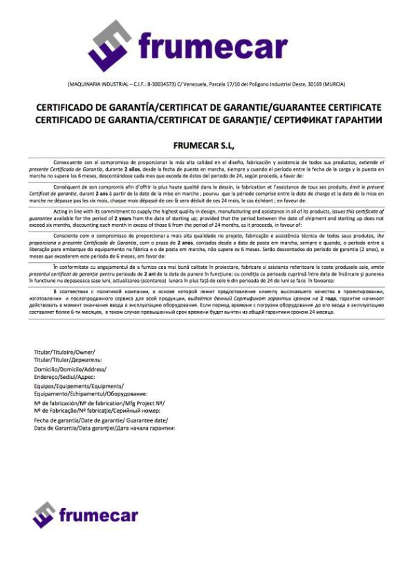 CERTIFICADO DE GARANTÍA 2 AÑOS DE GARANTÍA Calidad certificada