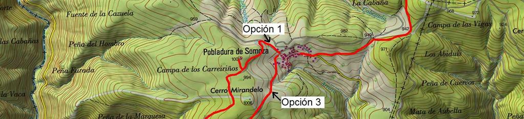 dirección suroeste, desde la misma plaza del pueblo, toma una pista forestal que va en esa dirección (hacia el Cerro Mirandelo y el Alto de las Campas) y que sin demasiadas