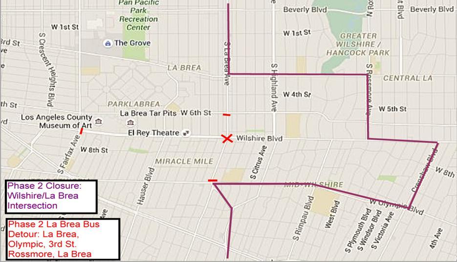 Fase II: ubicaciones de abordaje de las líneas 212 y 312 Ruta de con dirección al sur Paradas temporales de la línea 212: Después de la intersección de 3 rd St. y La Brea Ave.