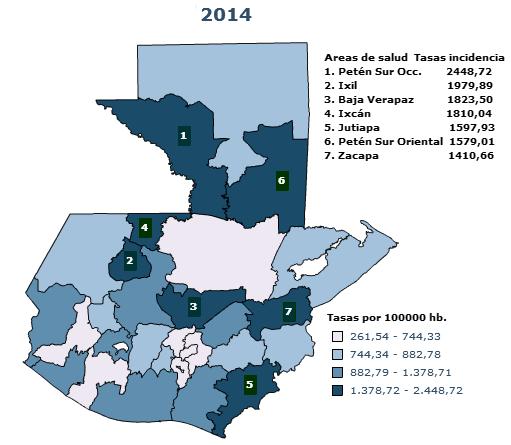 Figura 9. IRAS, tasa de incidencia acumulada por área de salud Guatemala país 2014-2015, S.E. 3.