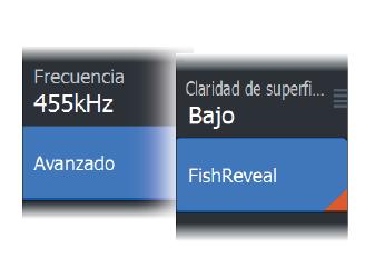 FishReveal Si la opción de vista está establecida en Debajo, seleccione FishReveal en el menú avanzado para mostrar arcos de peces en la imagen Downscan.
