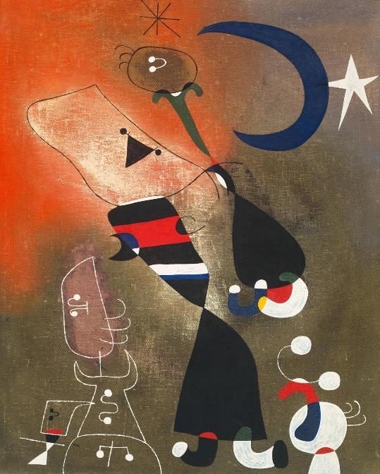 La obra a comentar es Mujeres y pájaros a la luz de la luna, realizada por Joan Miró. Pertenece al estilo o movimiento surrealista, que se desarrolla entre 1924 y los años 30 del s.