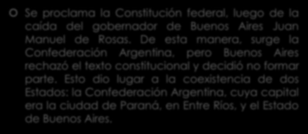 1853 Se proclama la Constitución federal, luego de la caída del gobernador de Buenos Aires Juan Manuel de Rosas.