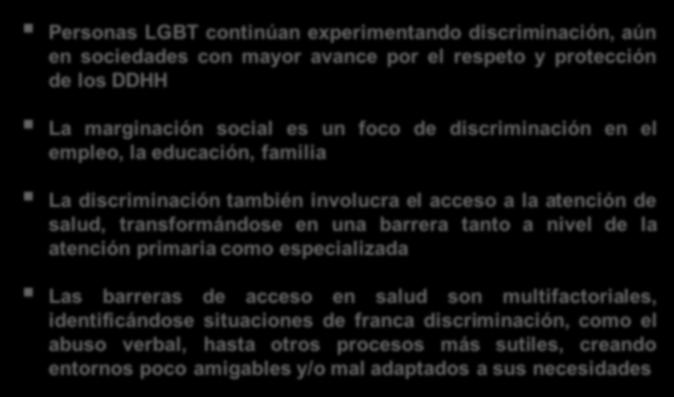 PRINCIPALES BARRERAS EN ATENCIÓN EN SALUD ADOLESCENTES Y JÓVENES LGBT Personas LGBT continúan experimentando discriminación, aún en sociedades con mayor avance por el respeto y protección de los DDHH