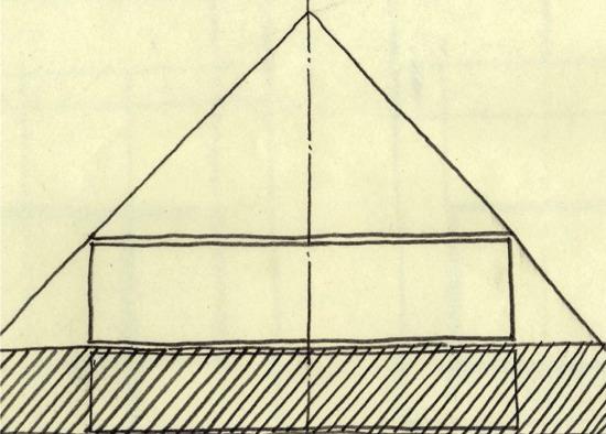 (Se destaca la franja del medio, como si el triángulo superior de cubierta se quisiese separar de la base sólida inferior) (Dibujo realizado por H. Valencia sobre plano visto en BROOKS, H. A. 1997, p.
