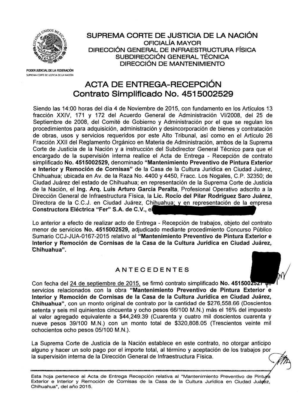 ACTA DE ENTREGA-RECEPCIÓN Contrato Simplificado No.