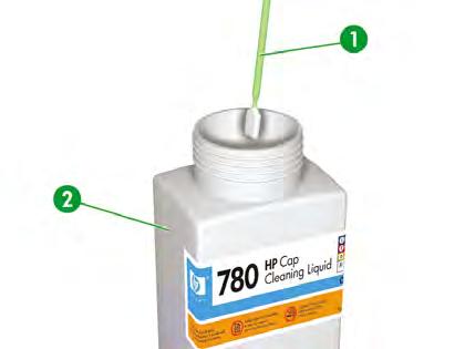 Sumerja un nuevo bastoncillo de limpieza (1) en el líquido de limpieza de tapa (2).
