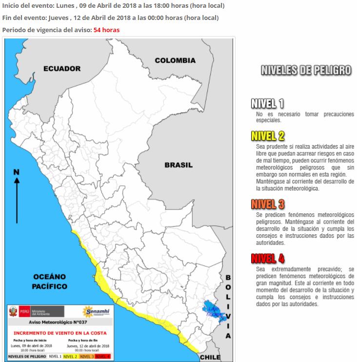 SEGUNDO BOLETÍN N 846/ 07-ABRIL-2018 / HORA: 3:00 PM Última información SENAMHI: Velocidad de vientos se incrementará desde Tacna hasta Lima del lunes 9 al jueves 14 de abril A partir del lunes 09