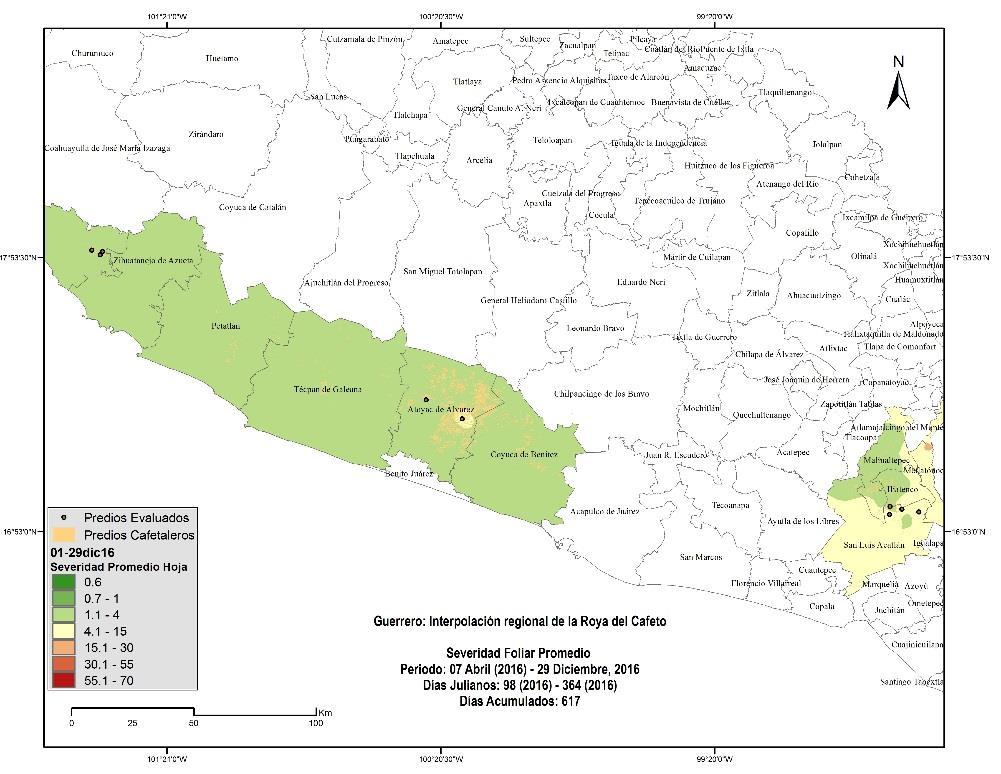 Distribución Regional de la Roya del Café en Guerrero.