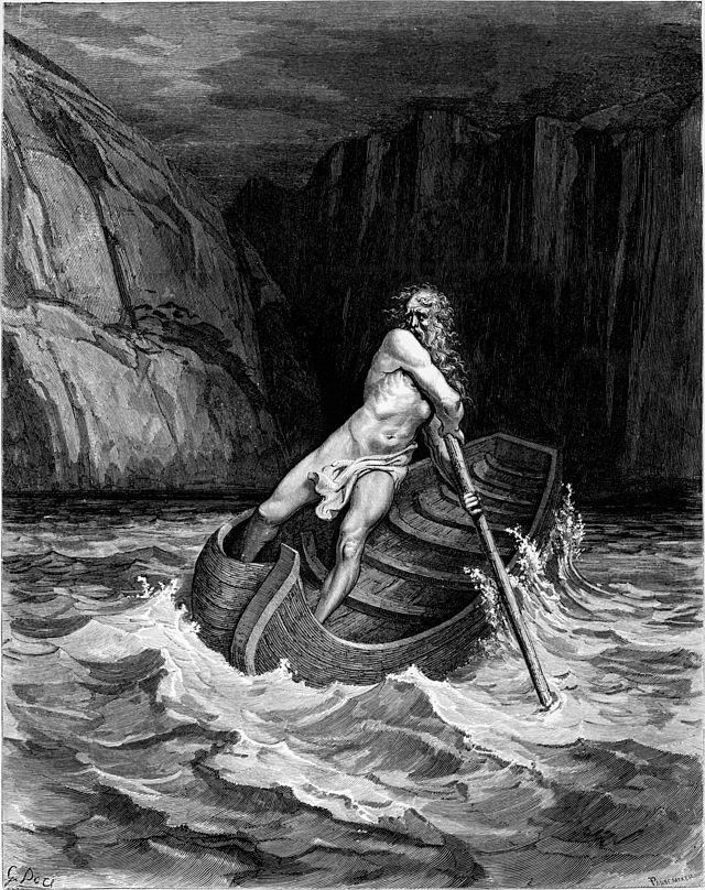 Caront és un personatge de la mitologia grega que s encarrega de portar les ànimes a l Hades (món dels morts) amb la seva barca creuant el riu Aqueront.