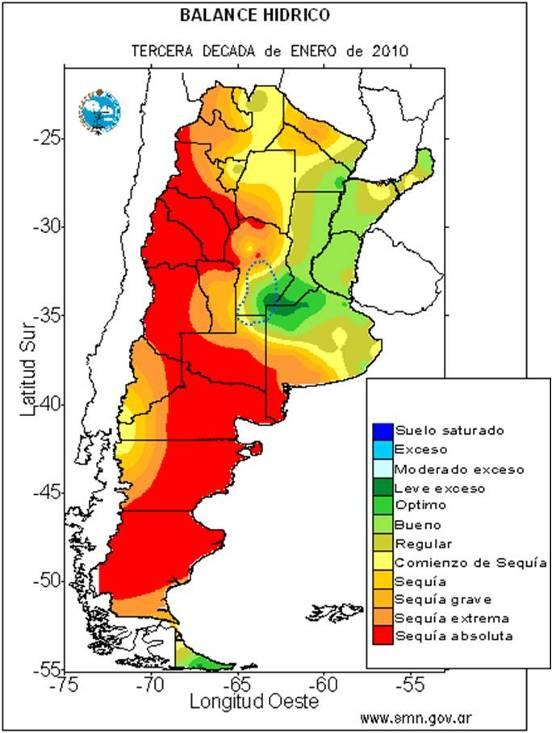 Mapa 1. Distribución del Balance Hídrico en Argentina (SMN). Líneas de Puntos azules: Región Manisera.