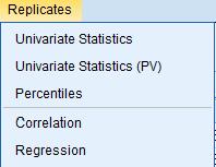 2. Dé clic en el menú Replicates y seleccione Univariate Statistics (PV), como se muestra en la figura 10. Esta opción permite hacer cálculos con los Valores Plausibles 1. Figura 10.
