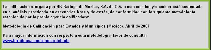 Las calificaciones de HR Ratings de México S.A. de C.V. son opiniones de calidad crediticia y no son recomendaciones para comprar, vender o mantener algún instrumento.