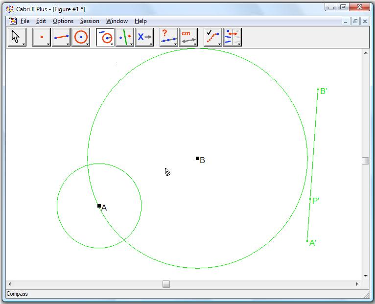 Ahora dibujamos dos compases con centros en A y en B con radio igual a la distancia de A a P y de B a P respectivamente.
