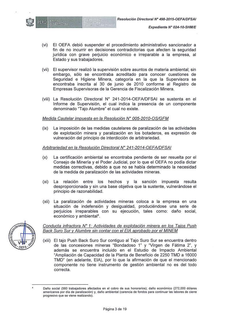 Resolución Directora/ Nº 498-2015-0EFA/DFSAI Expediente N 024-10-SHMIE (vi) (vii) El OEFA debió suspender el procedimiento administrativo sancionador a fin de no incurrir en decisiones