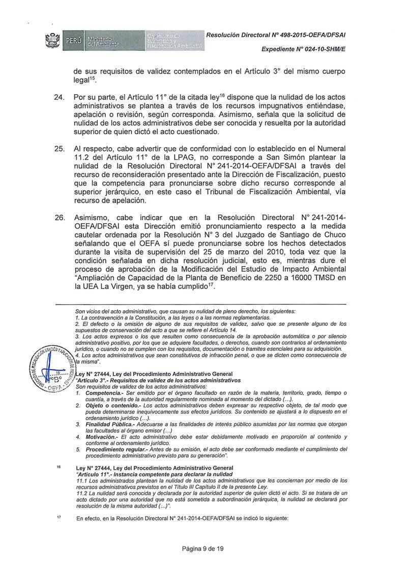 Resolución Directora/ Nº 498-2015-0EFAIDFSAI de sus requisitos de validez contemplados en el Artículo 3º del mismo cuerpo legal 1 5. 24.
