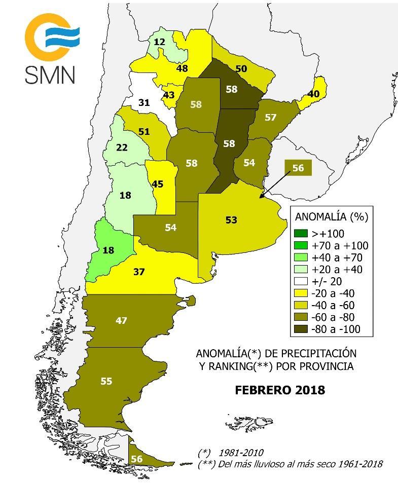PRECIPITACIÓN FEBRERO 2018 (ANÁLISIS NACIONAL Y PROVINCIAL) Anomalía (%) y ranking de la precipitación mensual a nivel país y provincial Febrero 2017.