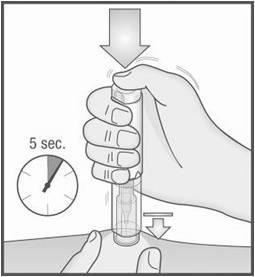 Cómo administrar la inyección: 11. Mientras sujeta la pluma precargada Metoject PEN firmemente contra la piel, ahora apriete el botón con el pulgar 12.