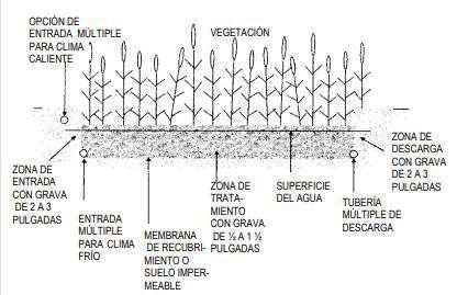 macrófitas, depende del tipo de humedal artificial que se va a emplear: Humedal de flujo superficial: usar macrófitas sumergidas, flotantes y/o emergentes Humedal de flujo subsuperficial: usar