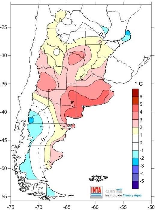 valores destacados en la región Pampeana (sur) y Patagonia (noreste). Temperaturas algo más frías se observaron en el NEA (norte) y Patagonia (oeste y sur) (Fig. 03 y 04). Fig.