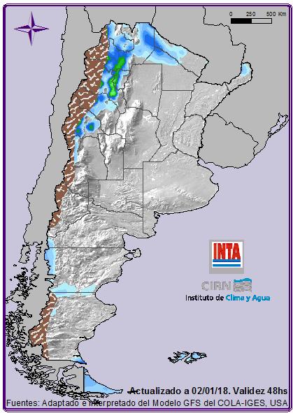 Miércoles 03: Lluvias y lloviznas aisladas sobre Chubut, Santa Cruz y Tierra del Fuego. Chaparrones y tormentas aisladas sobre el NOA.