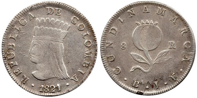 Se trata de las monedas conocidas como de La India o China, tanto de las Provincias Unidas de Nueva Granada como de la República de Colombia (años 1819 a 1821) que fueron reselladas con una granada.