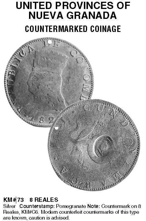 El catálogo Krause que suele tener equivocaciones en lo que a monedas de Colombia se refiere, acertó al ilustrar esta contramarca con un resello legítimo.