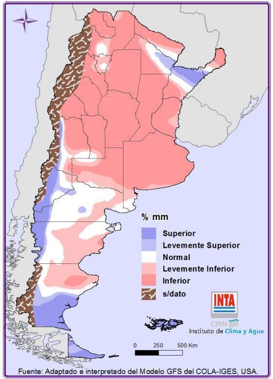 Las precipitaciones más importantes serían las que ocurrirían sobre el oeste de las provincias de Chubut, Río Negro y Neuquén, Santa Cruz (sur), Tierra del Fuego (sur) y Corrientes (norte), zonas