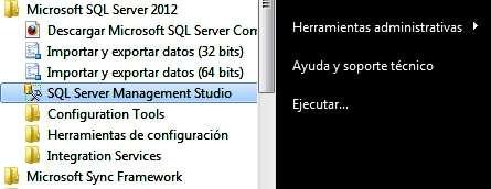 CONFIGURACION Ir al menú de Windows, Todos los Programas, Microsoft SQL Server 2012 y acceder a: SQL Server Management