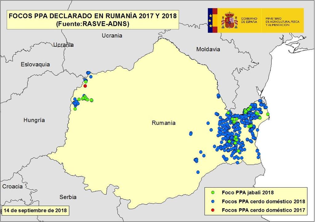 Mapa focos Rumanía 2017 y 2018 (14 septiembre 2018) 2.7.- HUNGRÍA En abril de 2018 Hungría comunicó a través de ADNS el primer foco de PPA en su territorio desde el inicio del actual brote de Europa del este.
