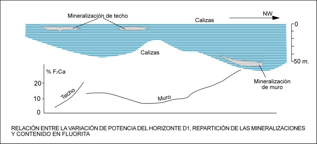 Control paleogeográfico. Áreas favorables para la mineralización. Muro D1. Entre 45-60 m Techo D1.