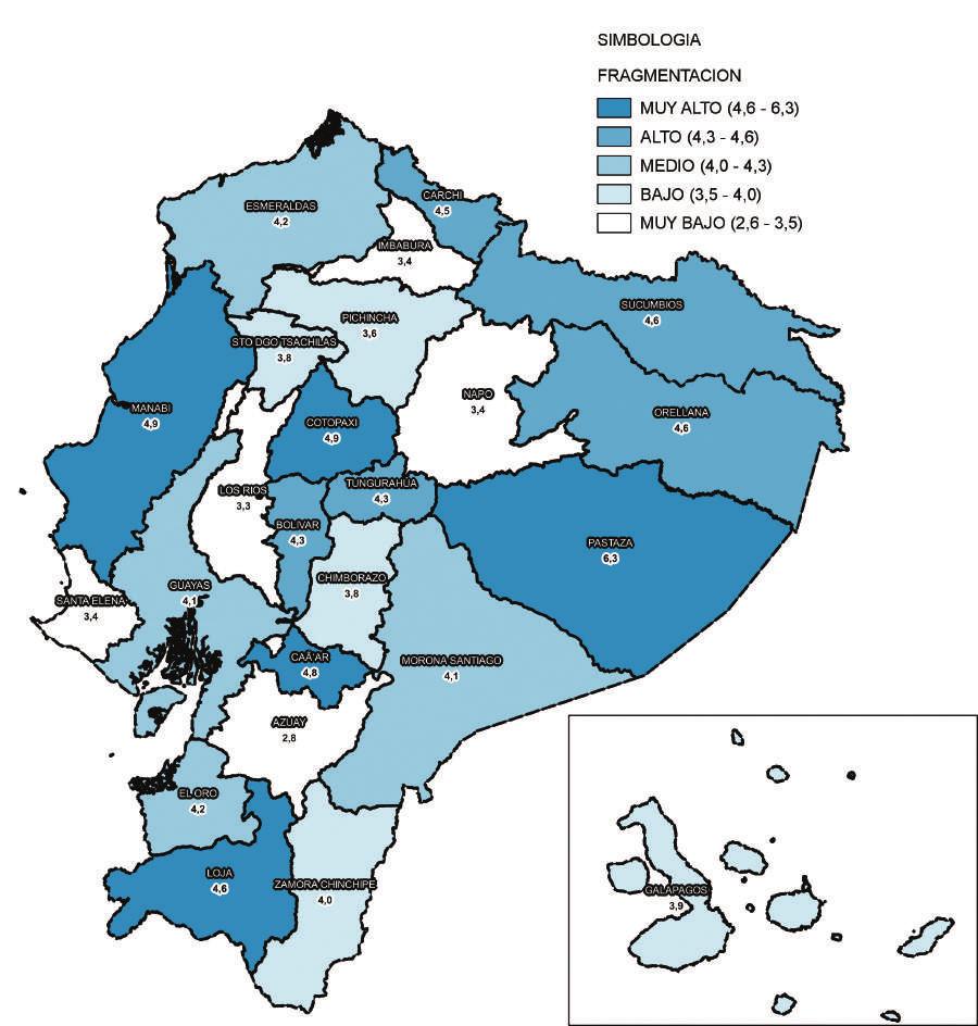 MAPA 1: FRAGMENTACIÓN A NIVEL PROVINCIAL, 2009 En el 2009, a nivel provincial se observa una Fragmentación alta o muy alta en las provincias Pastaza, Sucumbíos y Orellana de la Amazonía; Carchi,