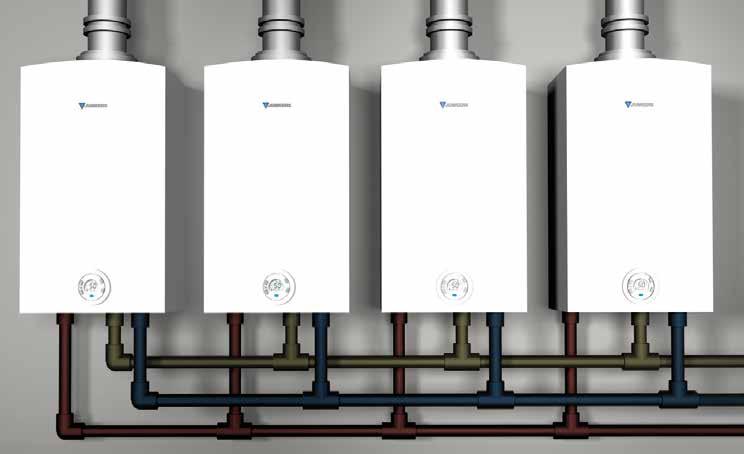 A través de un nuevo sistema de conexión de calentadores en cascada es posible efectuar el control de funcionamiento de hasta calentadores.